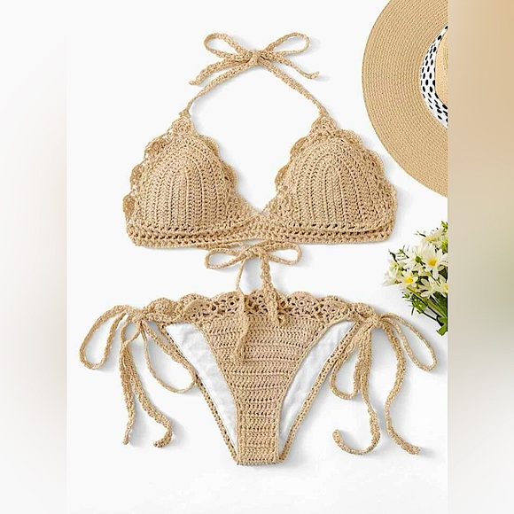 Swim Large Tan Beige Crochet Bikini Swimsuit Halter Top Bikini
